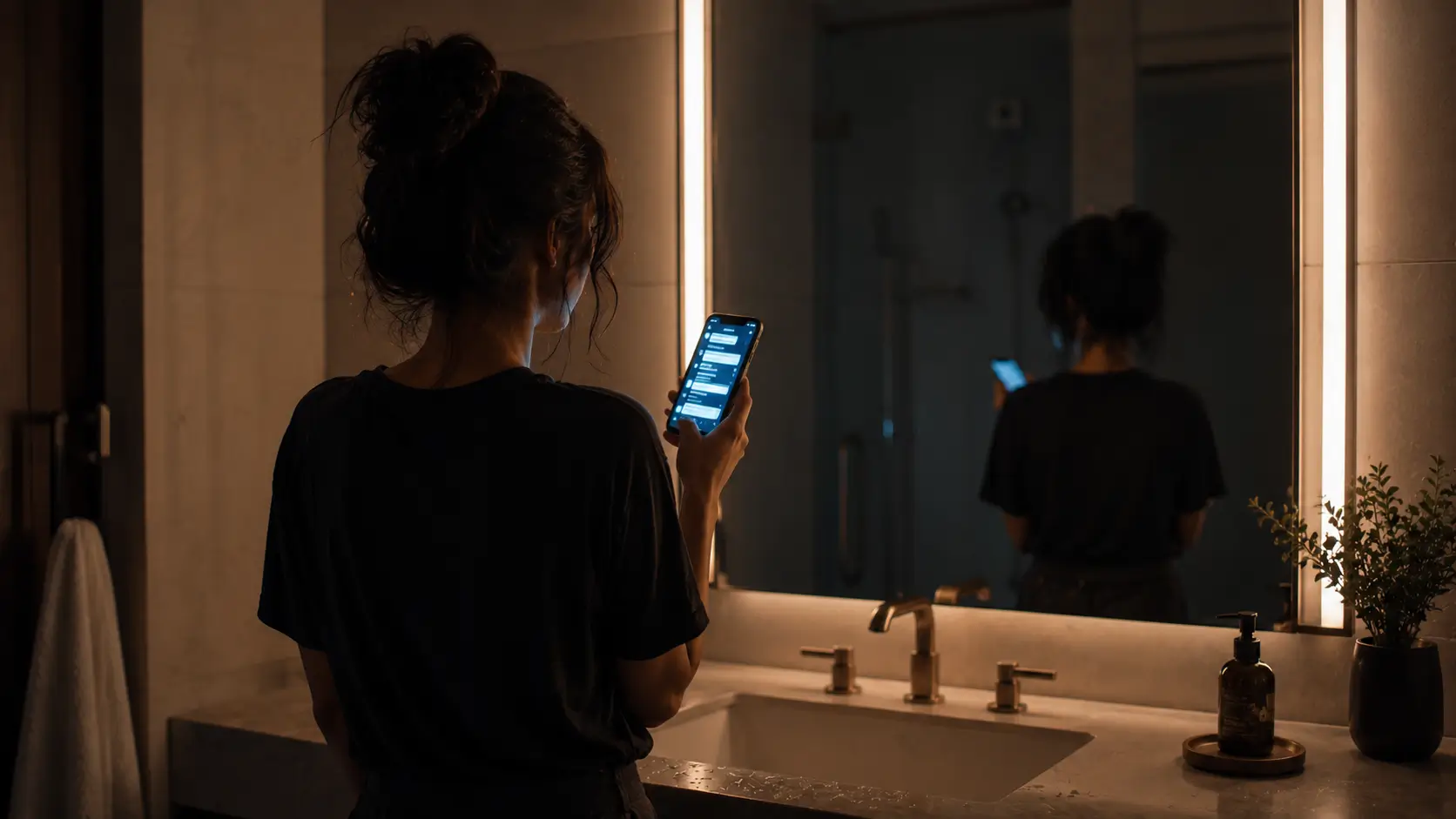 Scorpio man mixed signals — woman standing at her bathroom mirror at night, holding up her phone to reread a message, only her silhouette visible