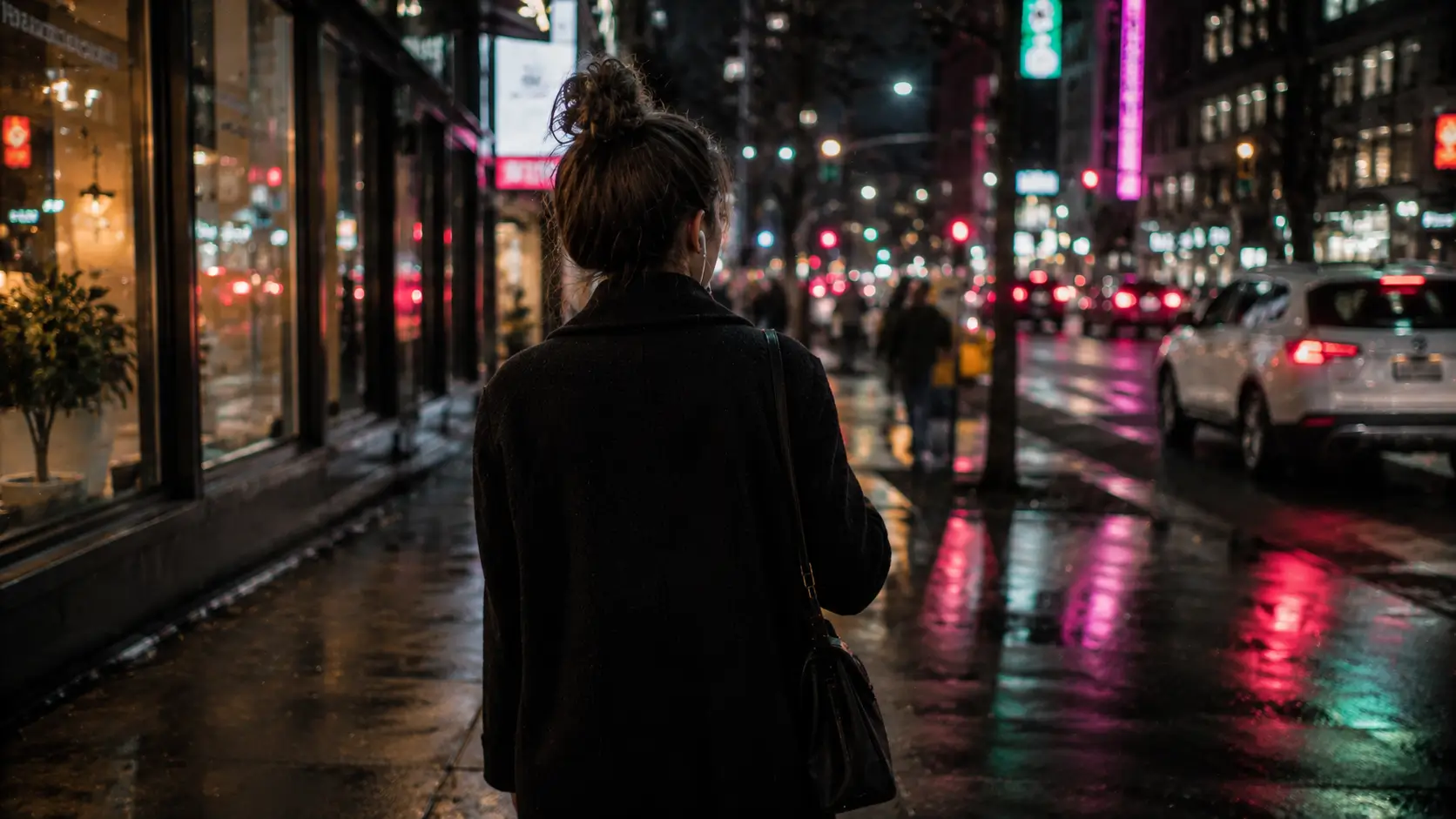 Scorpio man obsessed with you — woman walking alone on a wet urban sidewalk at night, self-assured, in her own world