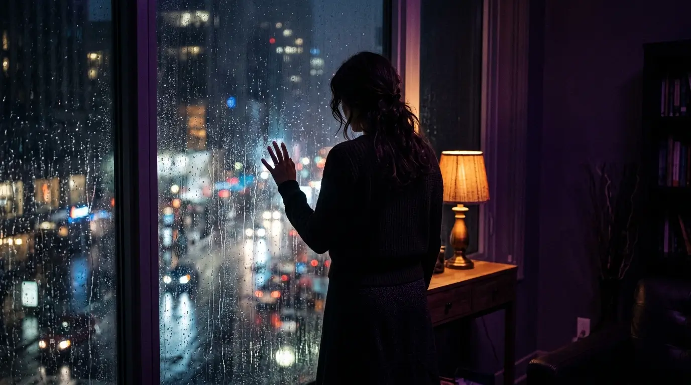 Scorpio man pulls away — woman alone at rainy window