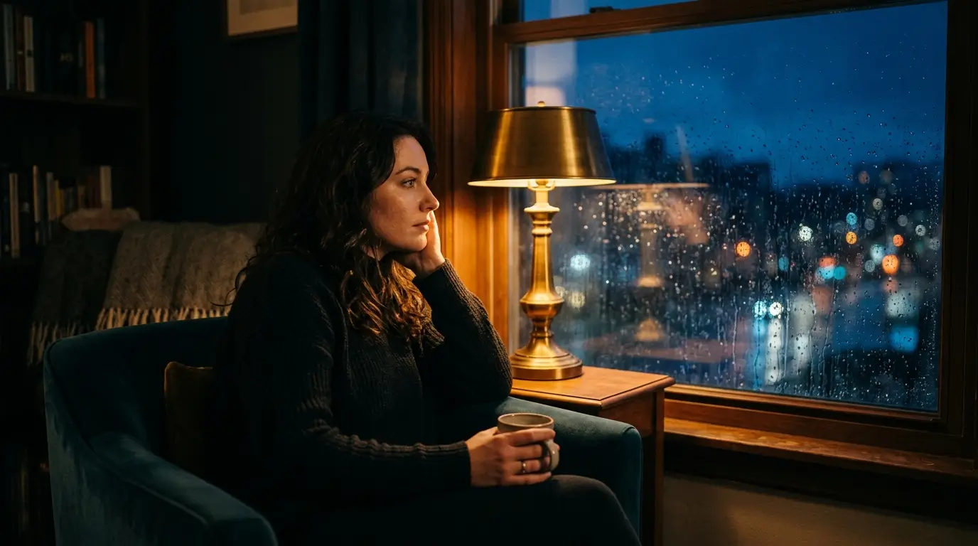 Woman sitting alone by a window at night, reflecting on whether her Scorpio man regrets losing her