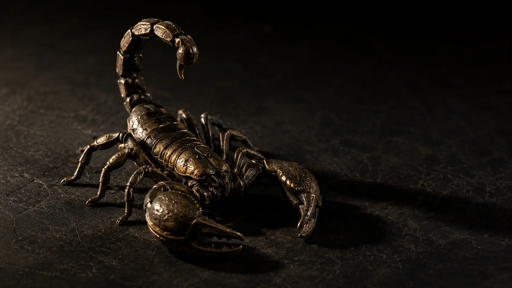 Scorpio man relationship patterns — dark antique bronze scorpion on a black surface with dramatic side lighting