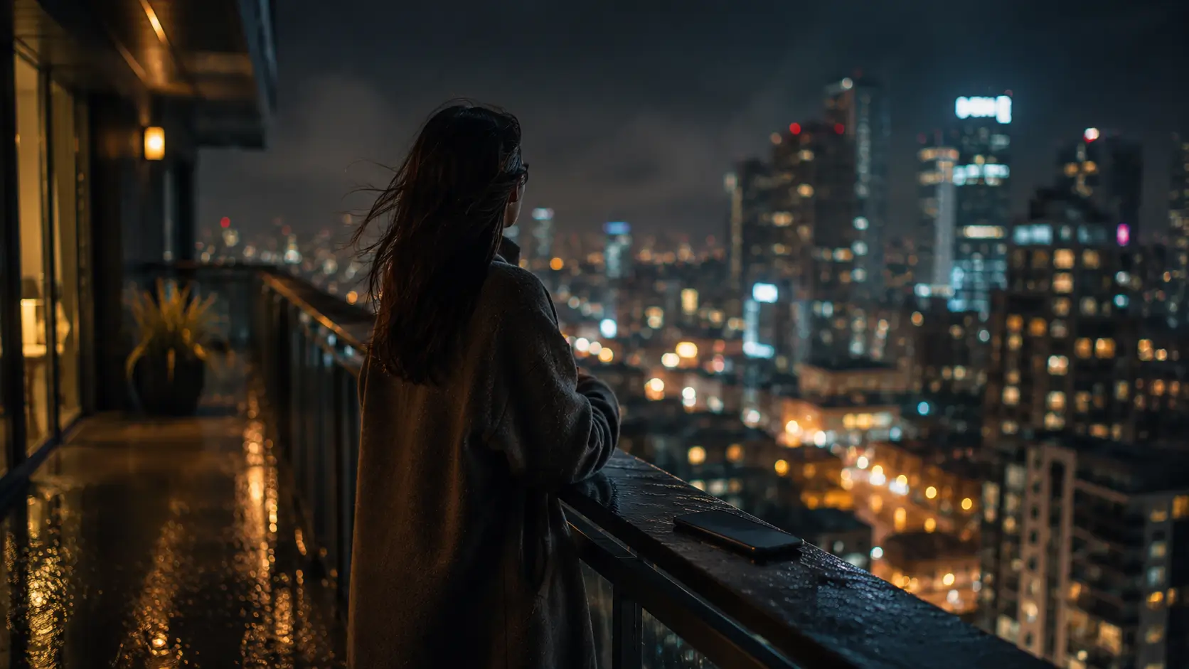 Scorpio man in relationships — woman standing alone on a city balcony at night in the rain, phone left face-down beside her