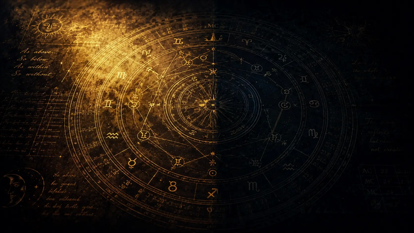 An astrological birth chart partially illuminated and partially in shadow, symbolizing the hidden intentions of a Scorpio man who keeps emotional walls up