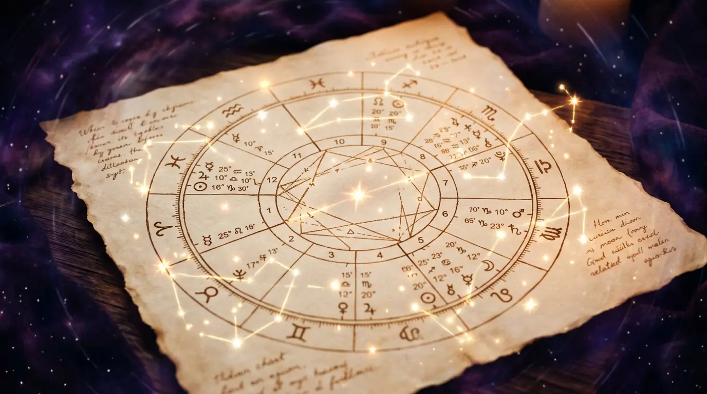 Astrology birth chart surrounded by constellation lines and golden stars, representing cosmic love destiny