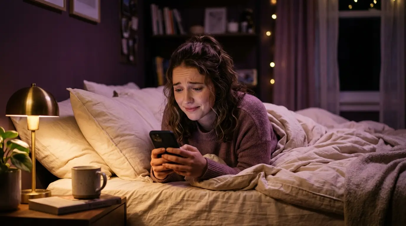 Woman checking her phone late at night, wondering if her Scorpio man will reach out after the breakup