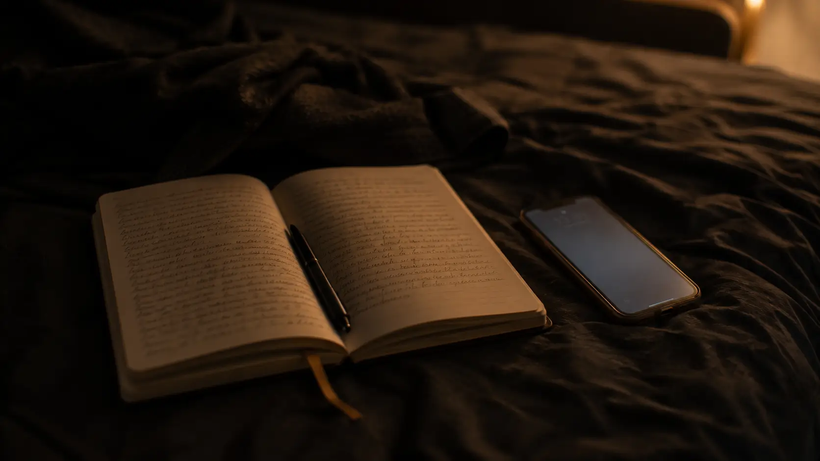 Scorpio woman birth chart love — open journal on dark bedding at night beside a softly glowing phone
