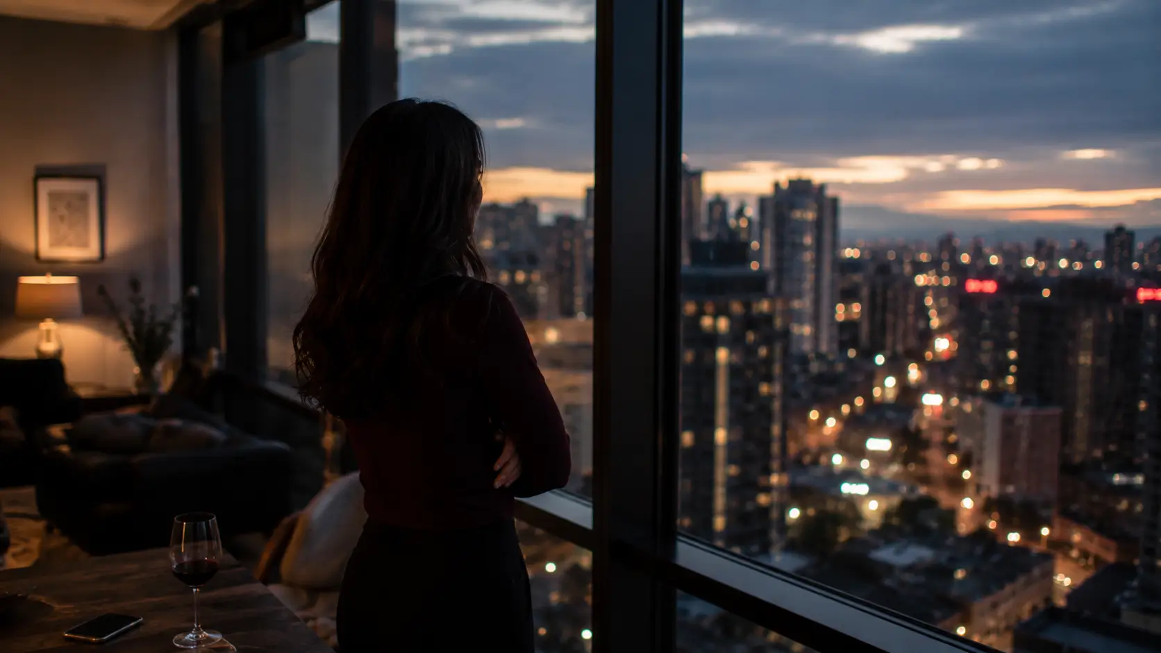 Scorpio woman finding right partner — woman standing at apartment window looking at city lights at dusk