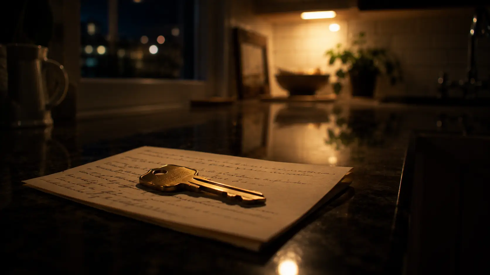 Scorpio woman jealousy and loyalty — a single house key resting on a handwritten note on a kitchen counter at night