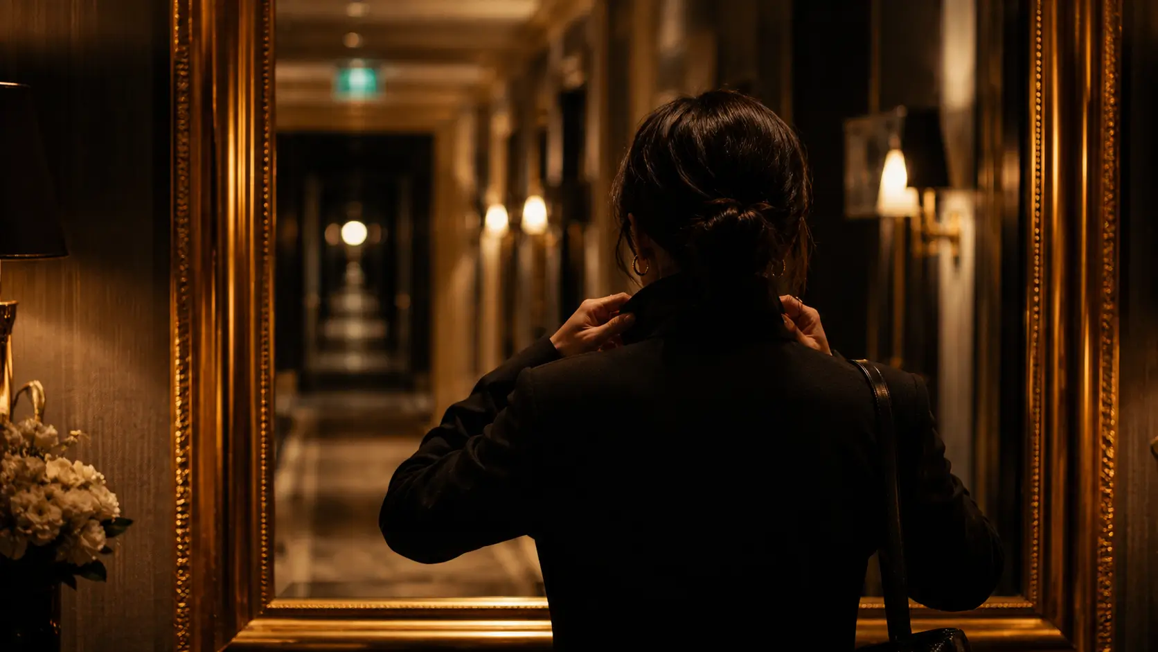 Scorpio woman magnetic personality — a woman adjusting her collar in a gold-framed hotel corridor mirror, silhouette only, exuding quiet self-possession