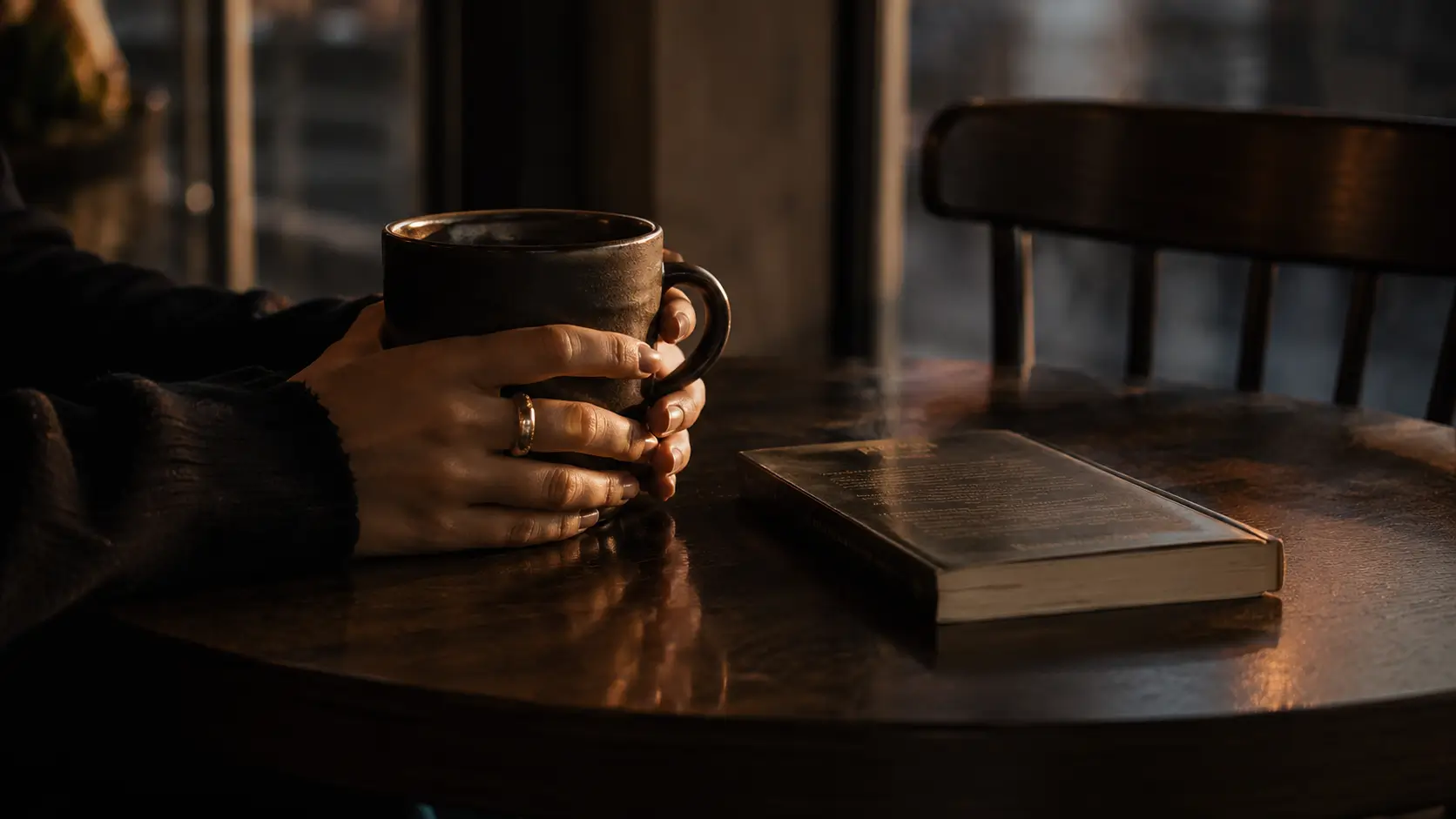 Scorpio woman men can't forget — close-up of a woman's ringed hands around a dark coffee mug at a café table, an empty chair across from her