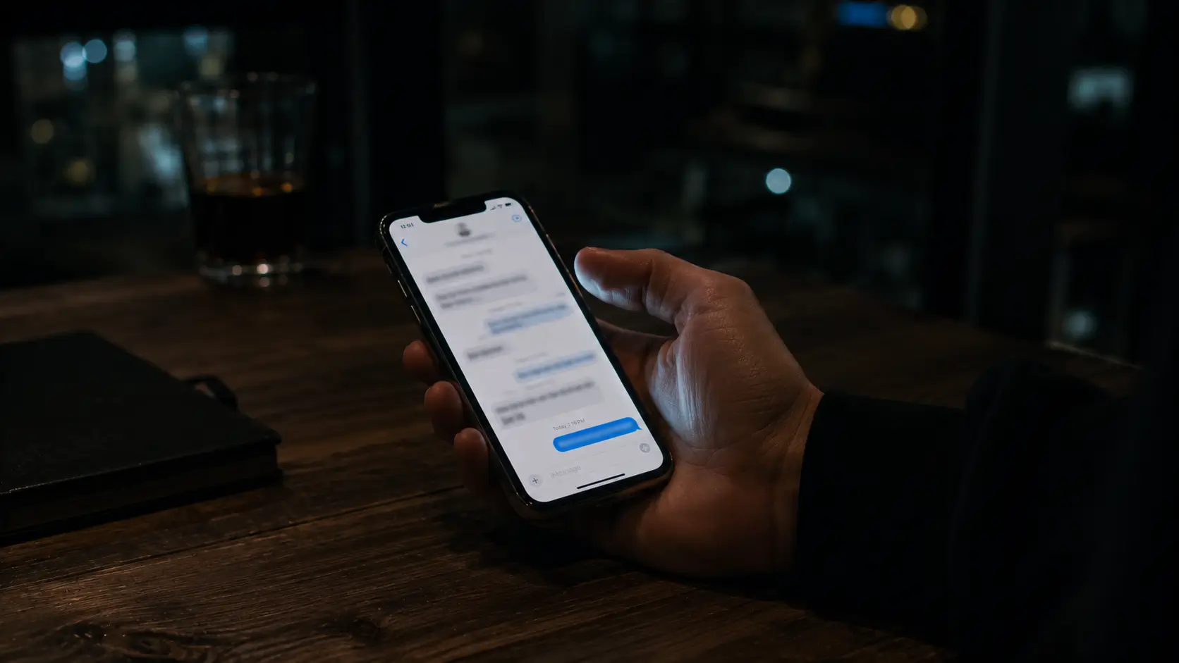 Scorpio woman power over leo man — man's hand holding a lit phone screen at night, unanswered message glowing, desk or café