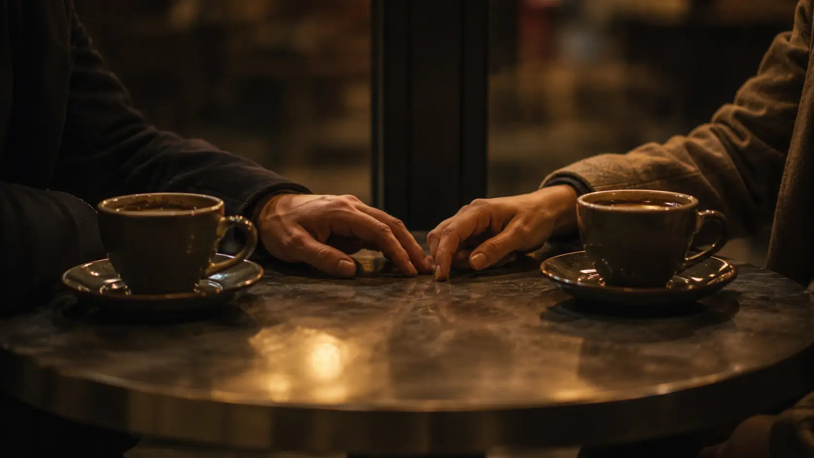 Scorpio woman relationship intensity — close-up of two hands almost touching across a café table at night