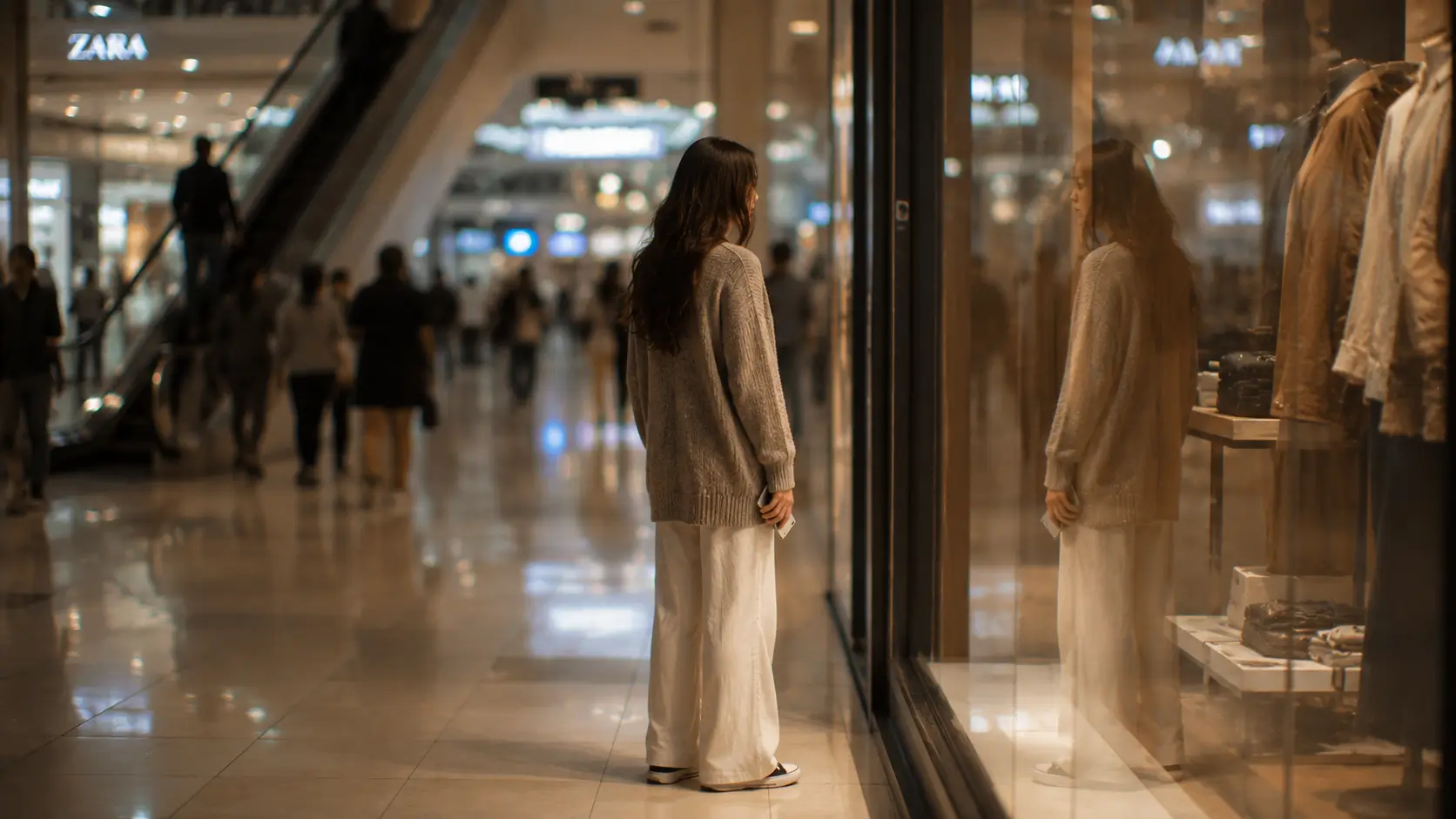 should i give up on relationship astrology — a woman standing alone near a store window in a shopping mall, holding her phone at her side, not looking at it, reflected in the glass