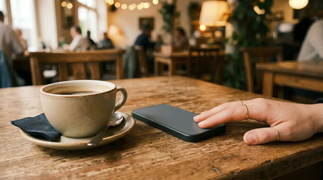 Signs of jealousy astrology — close-up of café table with cold coffee and phone face-down, woman's hand resting nearby but not touching it