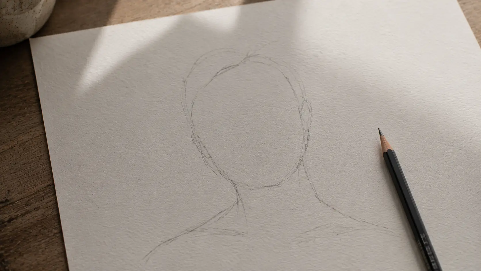 Soulmate drawing astrology — blank pencil-sketch portrait outline on paper with a graphite pencil resting beside it