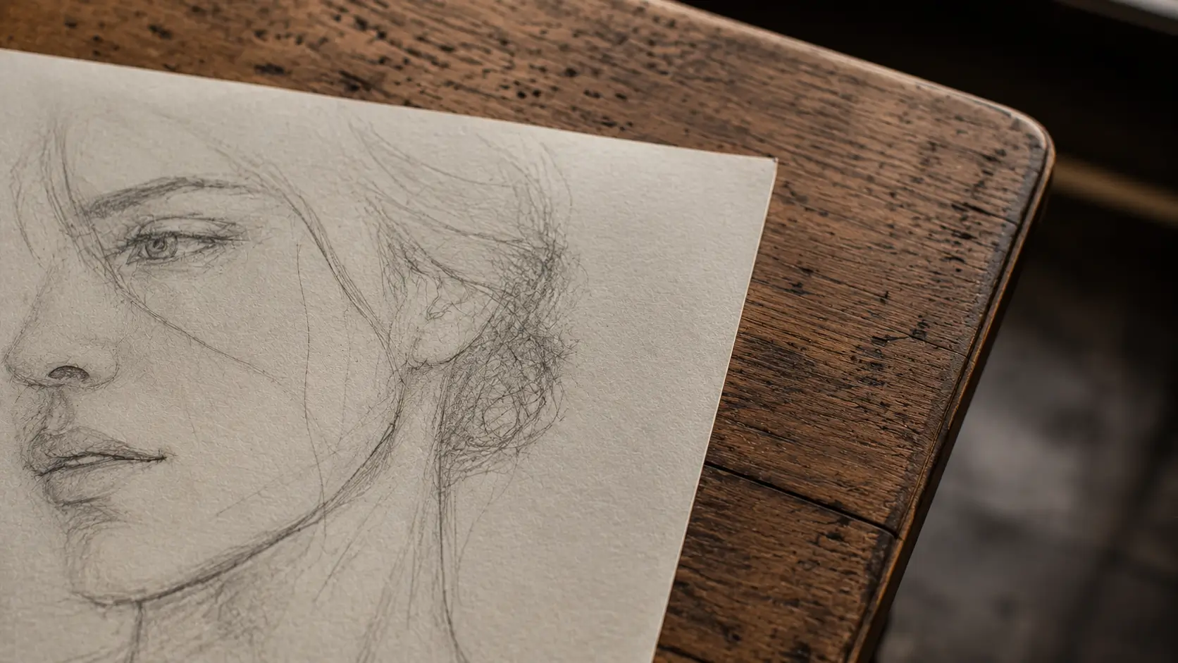 Soulmate face astrology reading — a realistic pencil sketch portrait on cream paper, partially visible, turned away from camera