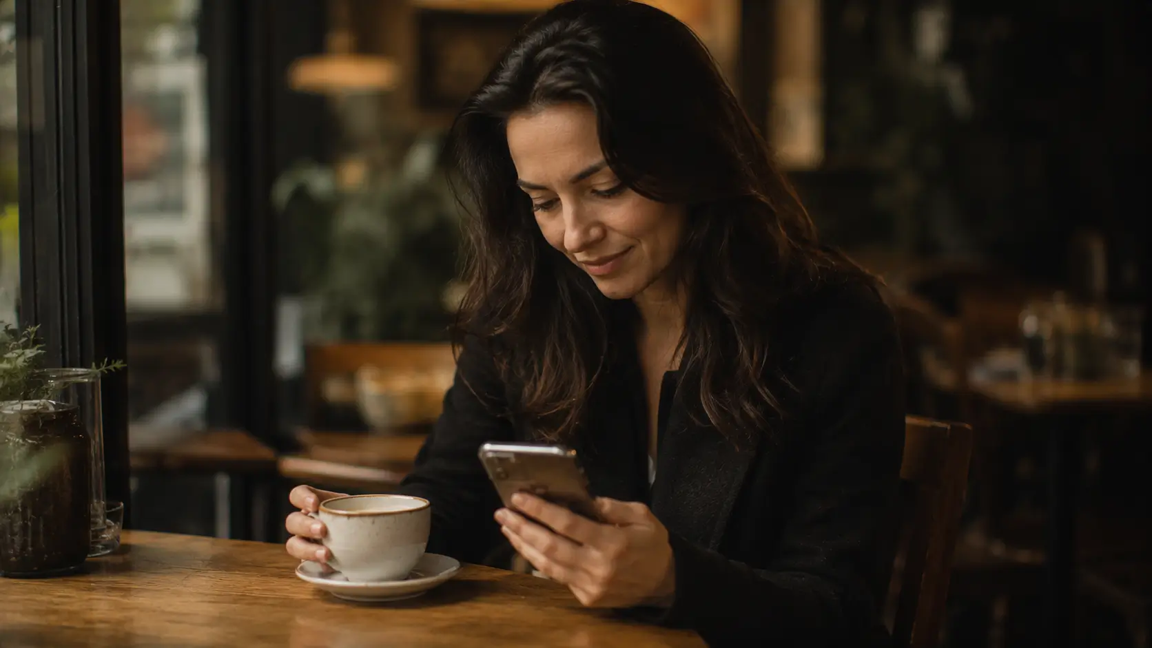 Soulmate found astrology — woman looking at her phone screen with an expression of quiet surprise, coffee cup in front of her on a café table