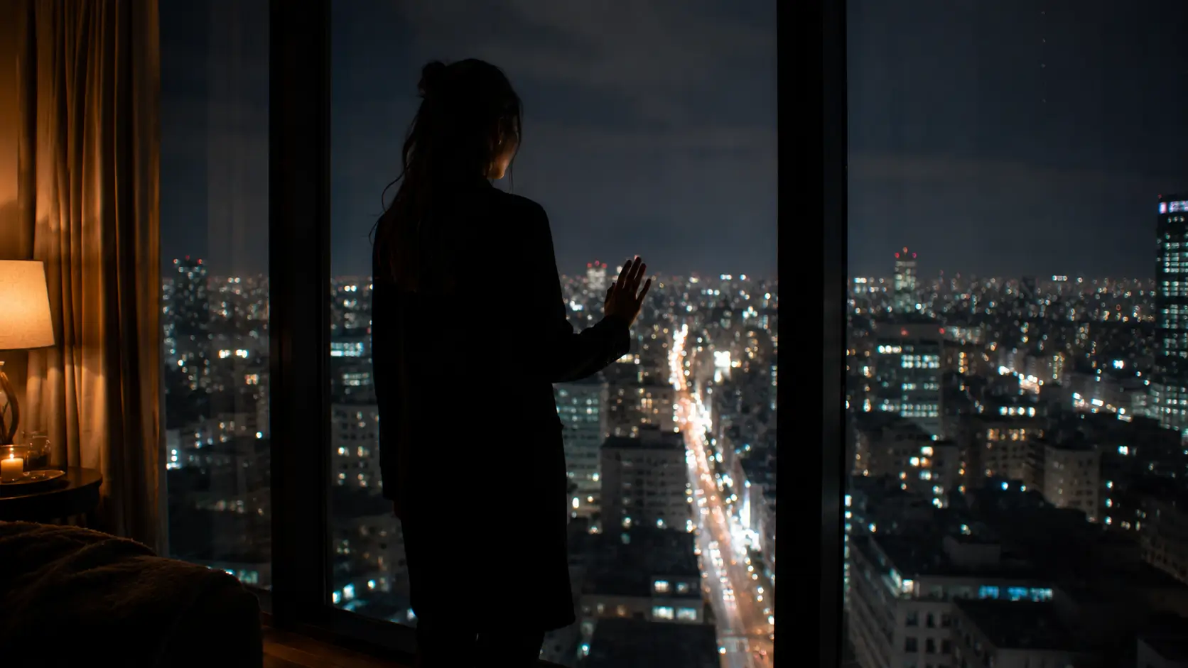 Soulmate physical description astrology — woman standing at apartment window at night, city lights below, thinking about someone