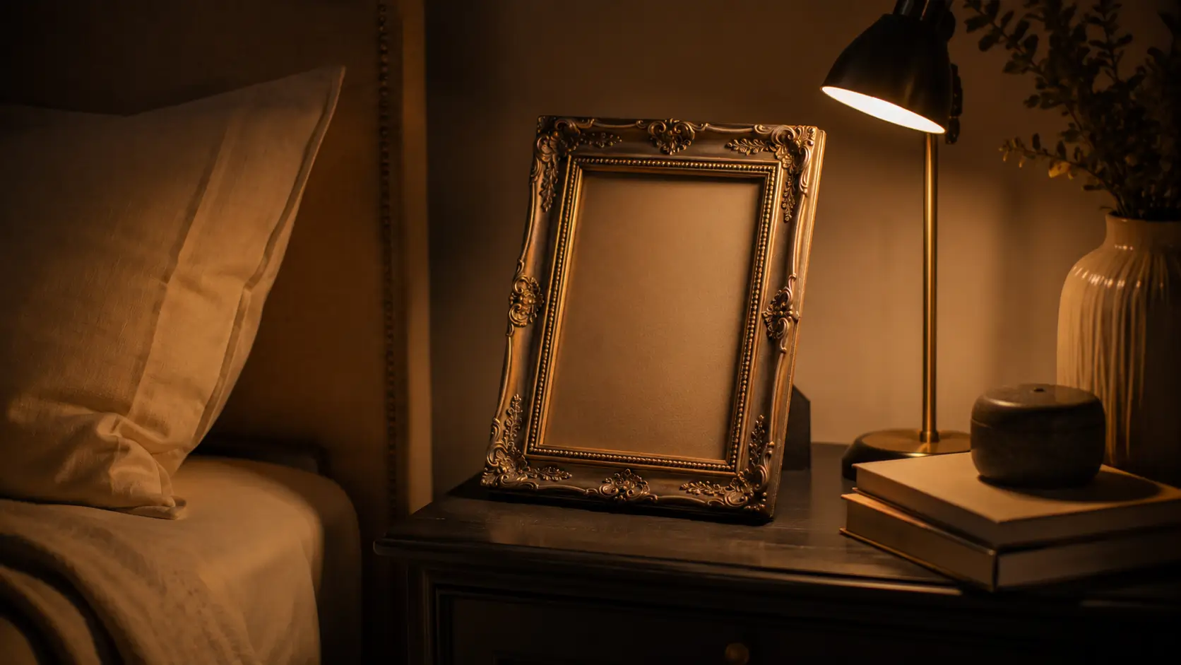 Soulmate physical description astrology — an empty ornate picture frame on a nightstand, waiting to be filled
