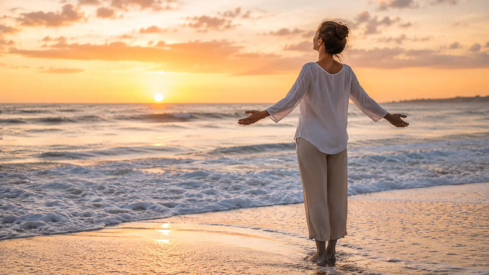 Soulmate reading real stories — woman standing alone at the edge of the ocean at sunrise, arms slightly open, face tilted upward, soft golden light