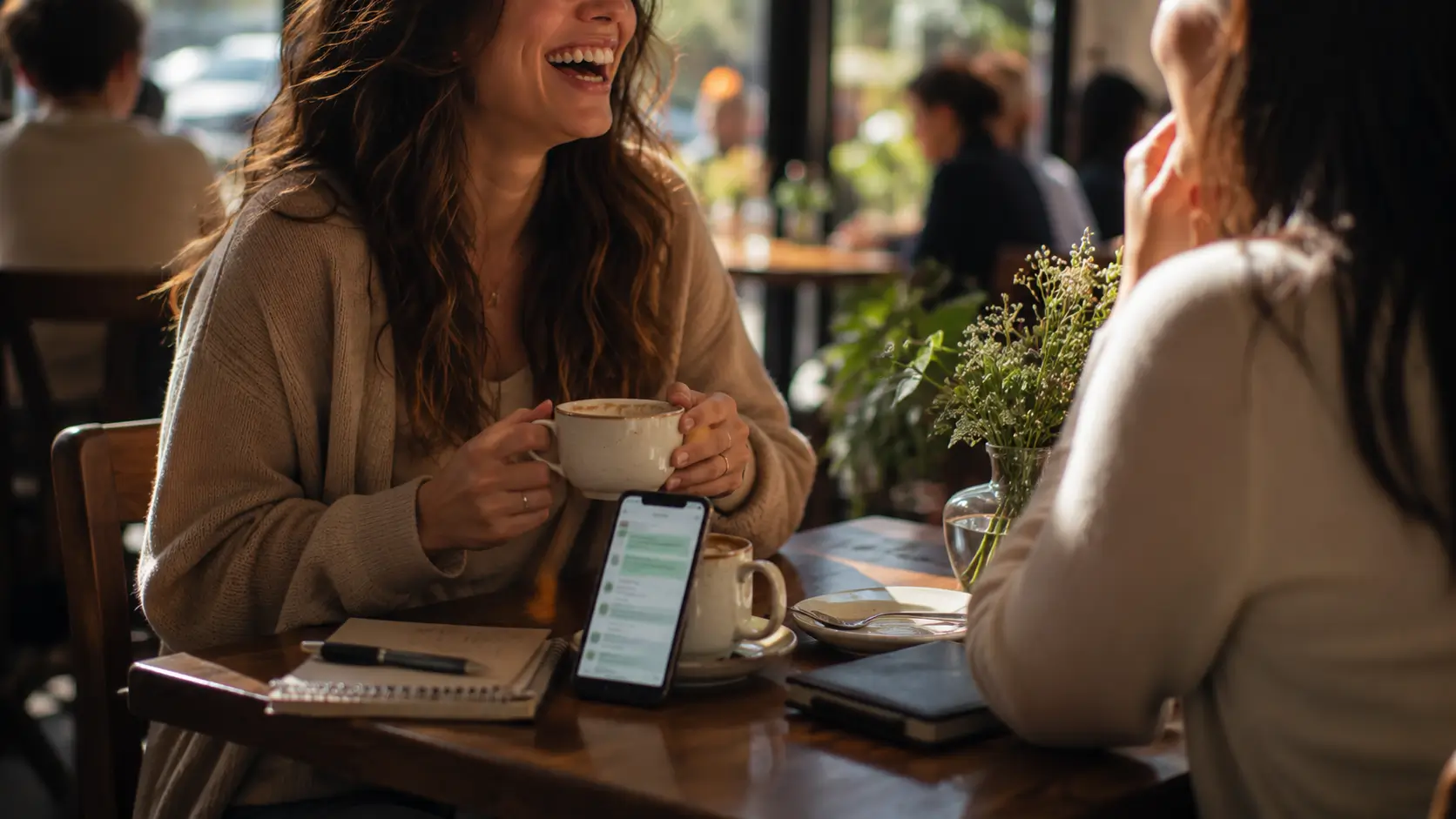 Soulmate reading real stories — woman laughing with a friend at a café table, phone propped against a coffee cup showing a chat screen