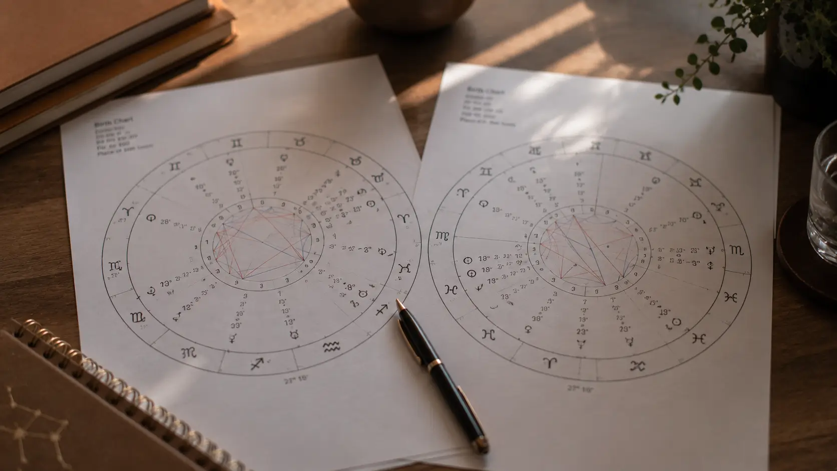 Synastry chart compatibility — two printed birth chart wheels placed side by side on a wooden table, overlapping at the edges