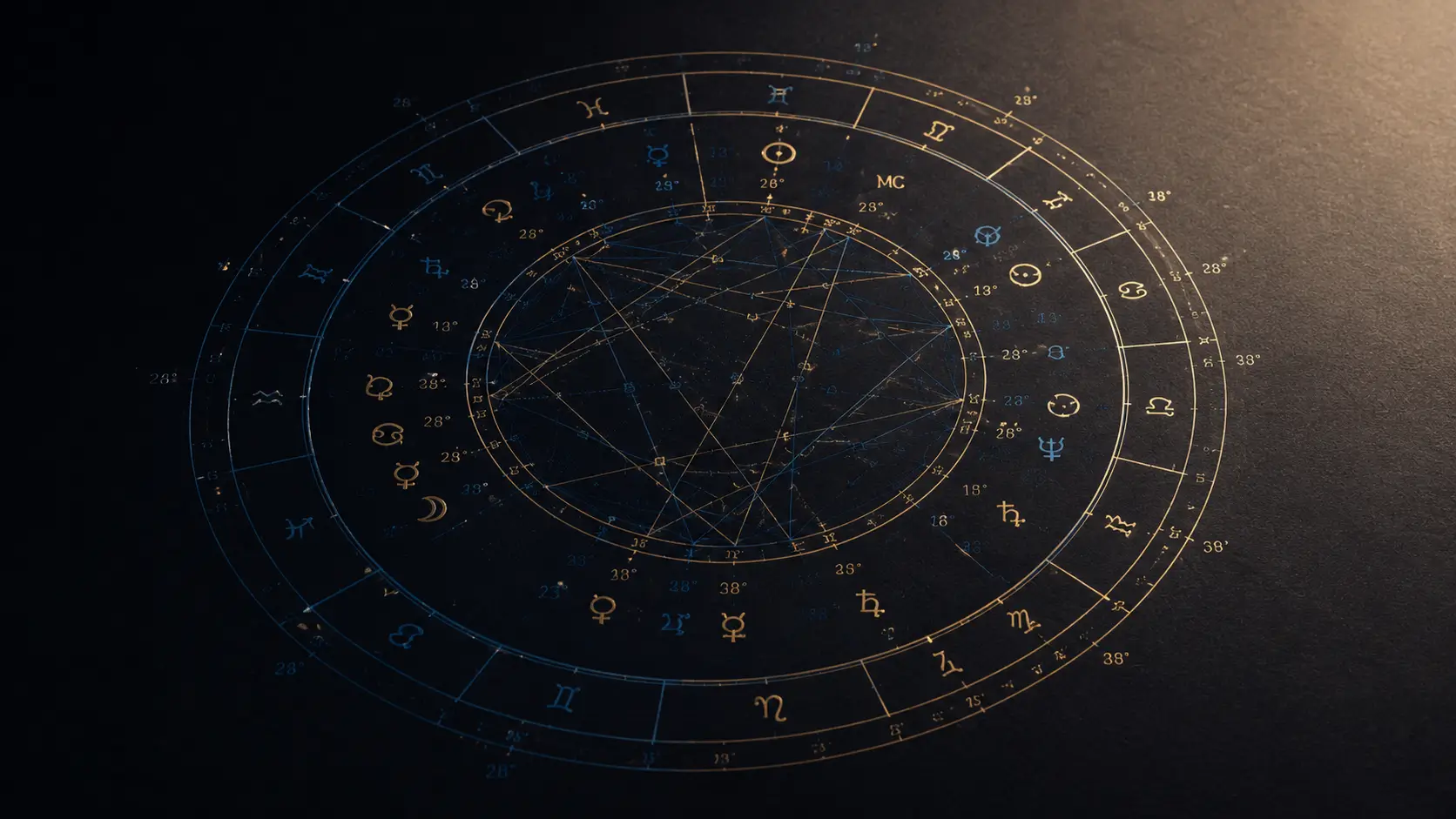 Synastry chart love compatibility — a single circular chart with two overlapping wheel layers in deep navy and gold, showing planetary aspects between two people. No people. Premium editorial quality. Horizontal 16:9.