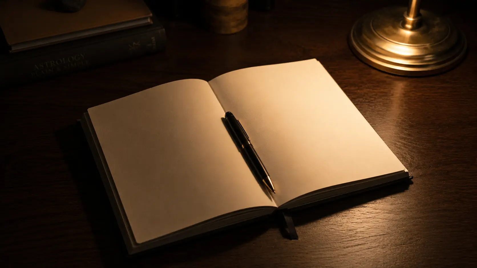 Synastry chart love reading — open book under warm lamp light on a dark wooden desk, pen resting across the pages