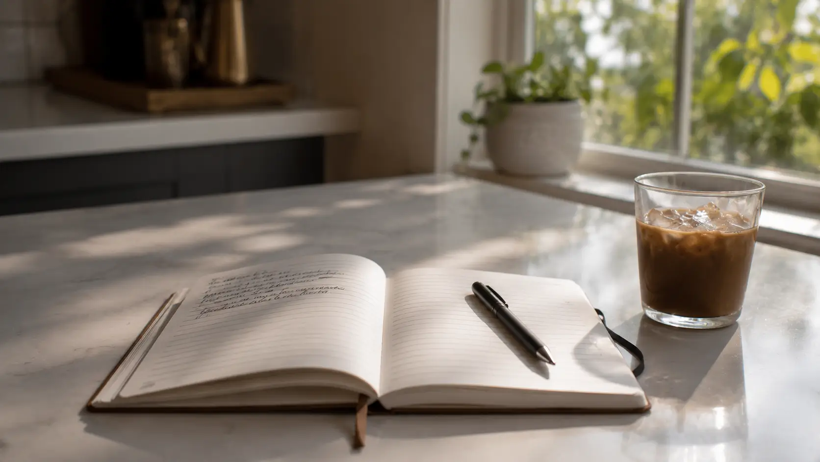 Synastry chart relationship issues — open journal with handwritten lines on a modern kitchen counter, pen resting across the page, cold coffee beside it