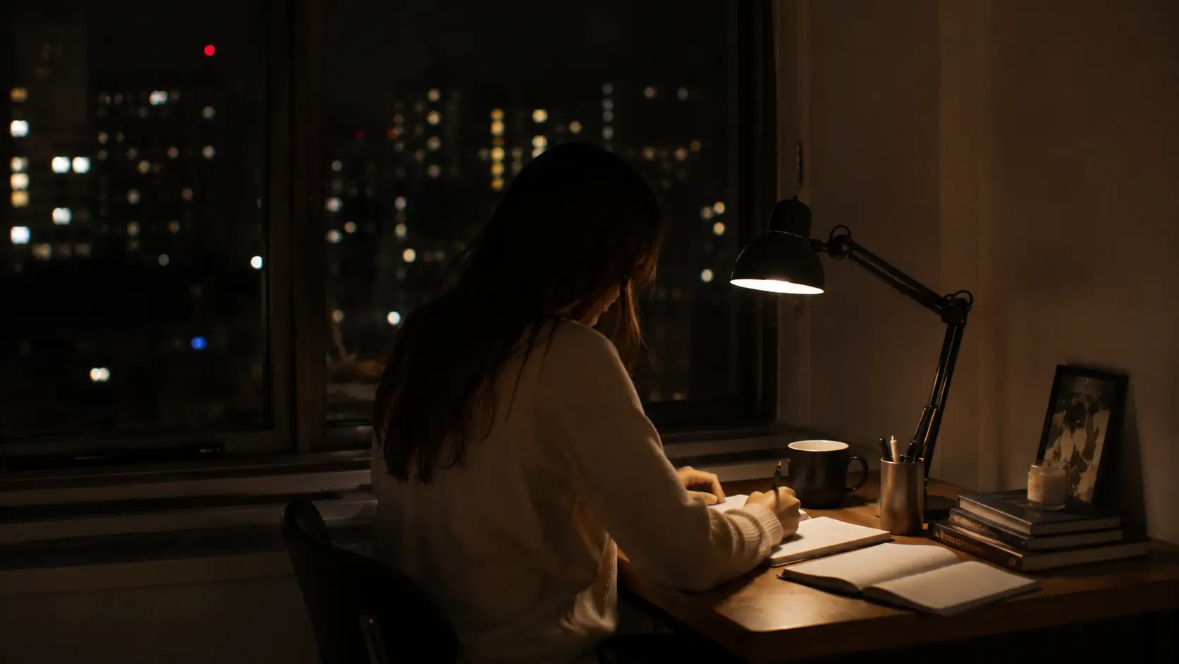 synastry chart relationship — woman sitting alone at a desk by a window at night, soft lamp light, looking down at something, calm and thoughtful