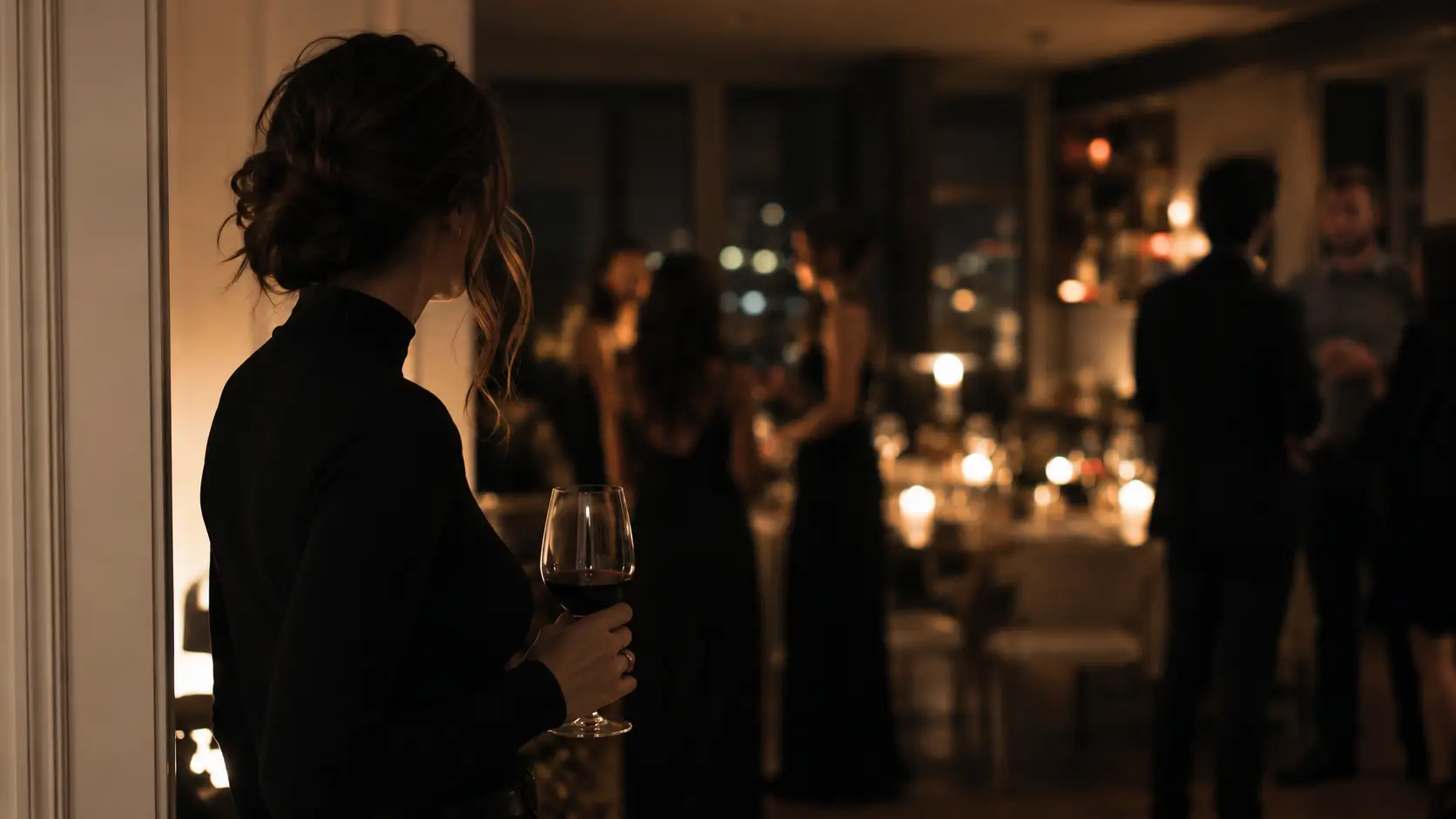 Synastry chart soulmate compatibility — woman standing at the edge of a social gathering, lost in thought, warm ambient light