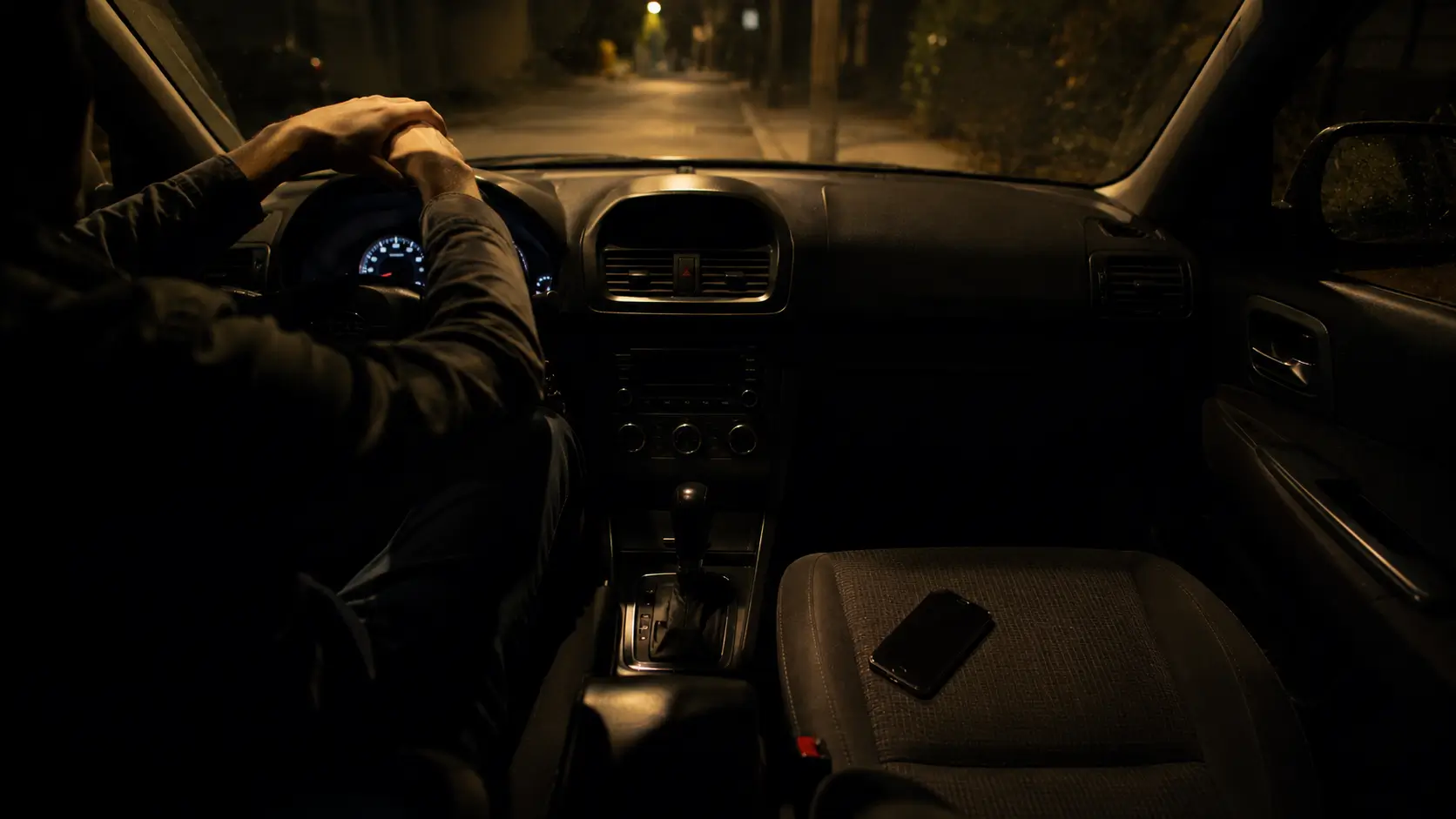 Taurus man emotionally attached — interior of a parked car at night, hands on steering wheel, phone on passenger seat, dashboard glow