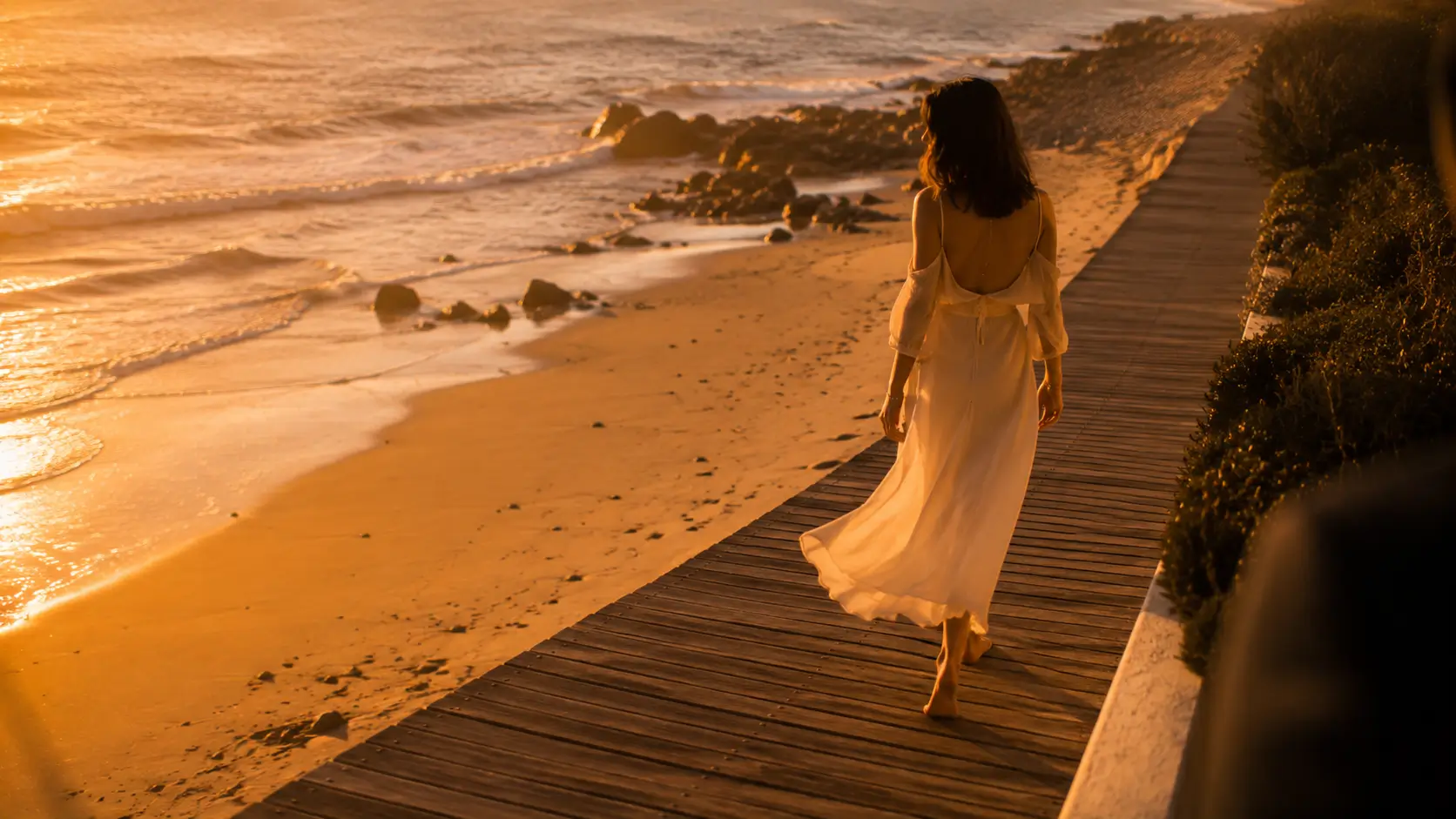 Taurus man falls for cancer woman — woman walking barefoot along a beach boardwalk at golden hour, shot from behind