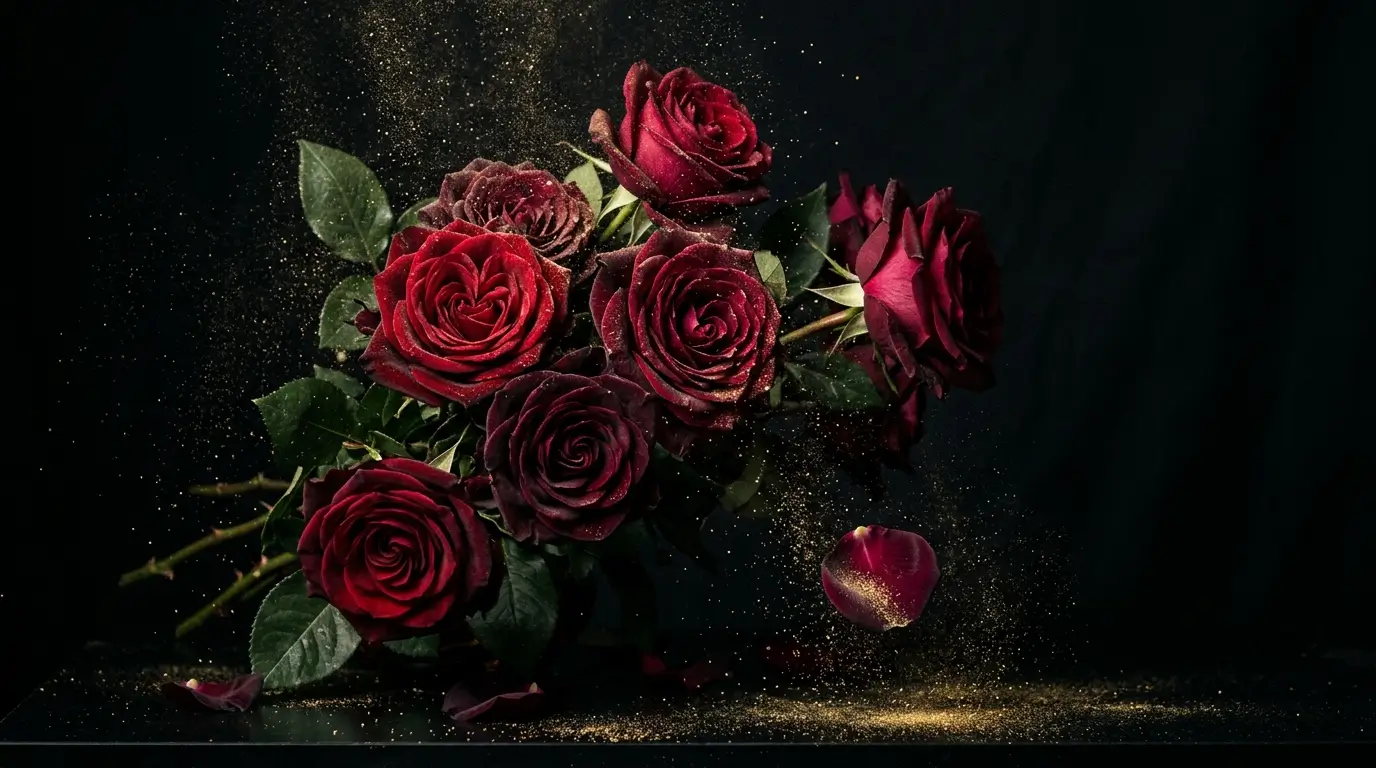 Dark red roses with gold dust — symbolizing the slow and deep love of a Taurus man