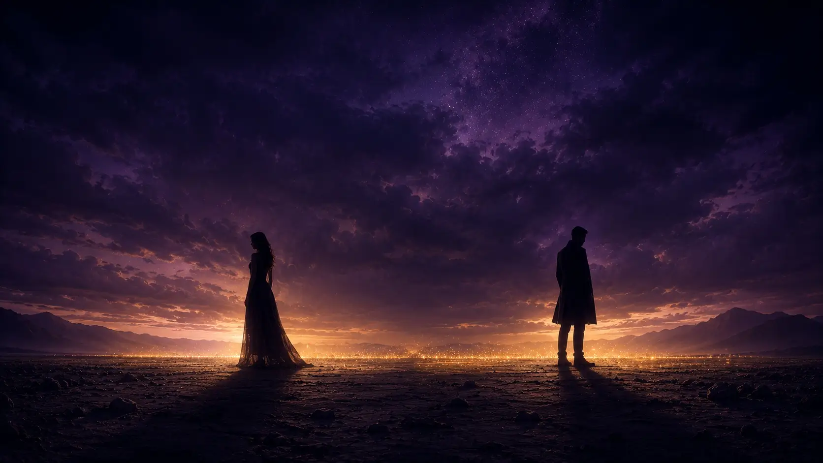Taurus scorpio compatibility — two silhouettes standing apart in a charged purple landscape, gold light between them