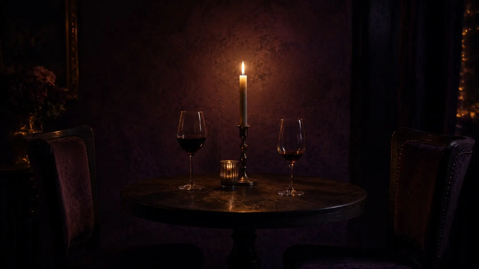 Taurus scorpio intense relationship — two chairs facing each other at a candlelit dark table, wine glasses, evidence of shared presence