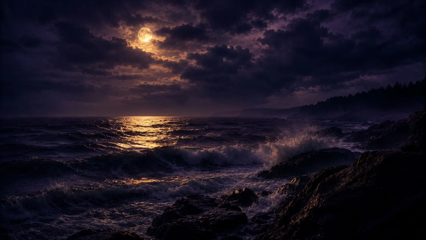Taurus scorpio love — stormy dark ocean at night with moonlight breaking through clouds, turbulent but beautiful