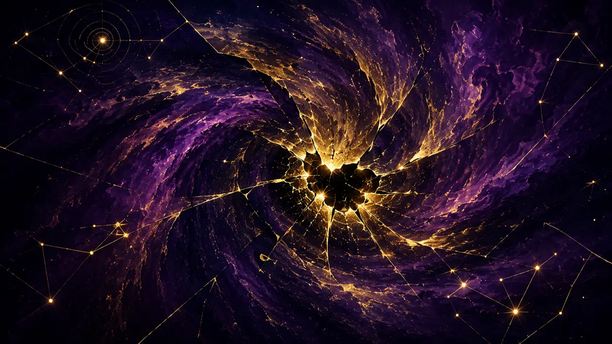 Abstract collision of gold and violet cosmic energy representing the tension between toxic zodiac couples
