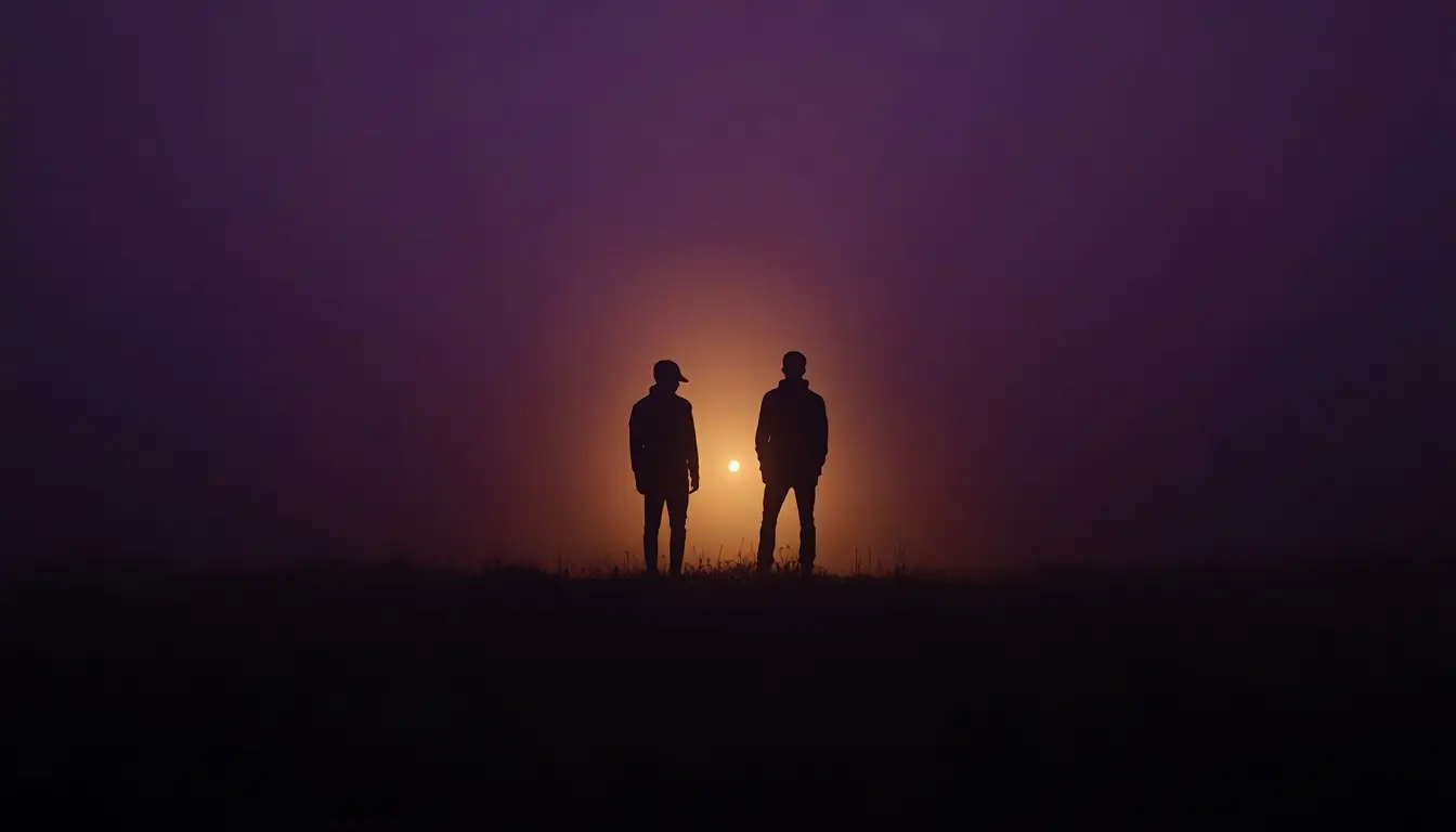Two distant silhouettes separated in a misty night, representing the emotional tension of no contact with a Cancer man