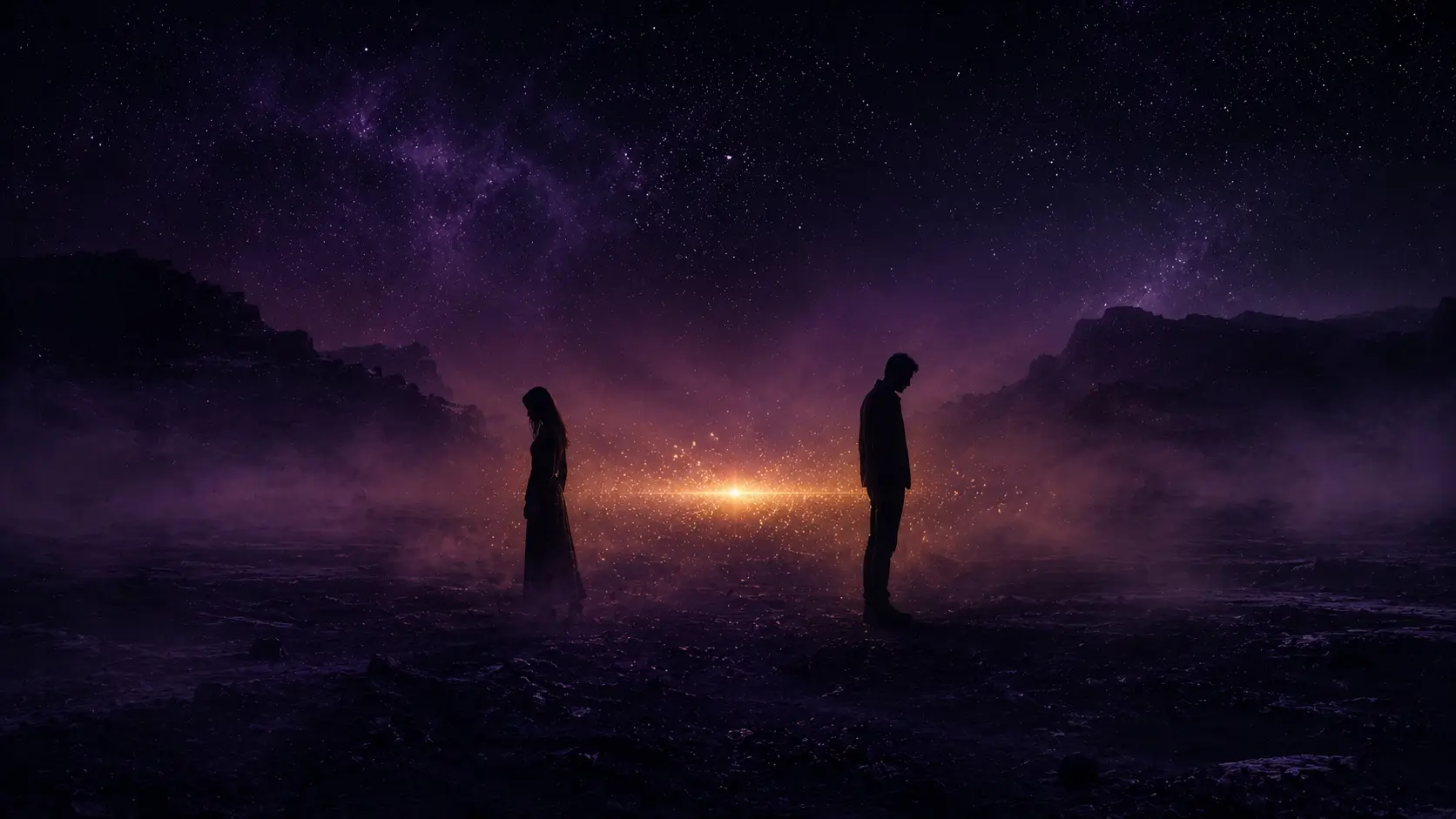 Two silhouettes standing far apart in a misty purple night suggesting emotional distance in a relationship with a Leo man