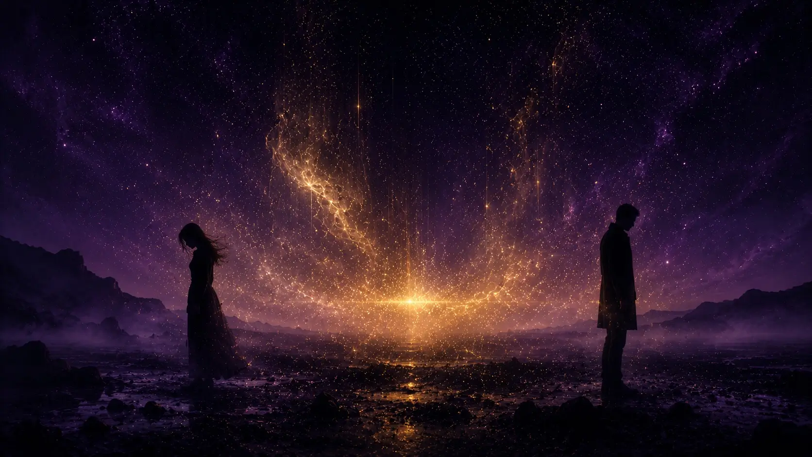 Two silhouettes standing far apart in a purple night landscape with broken golden light between them, symbolizing toxic relationship patterns by zodiac sign