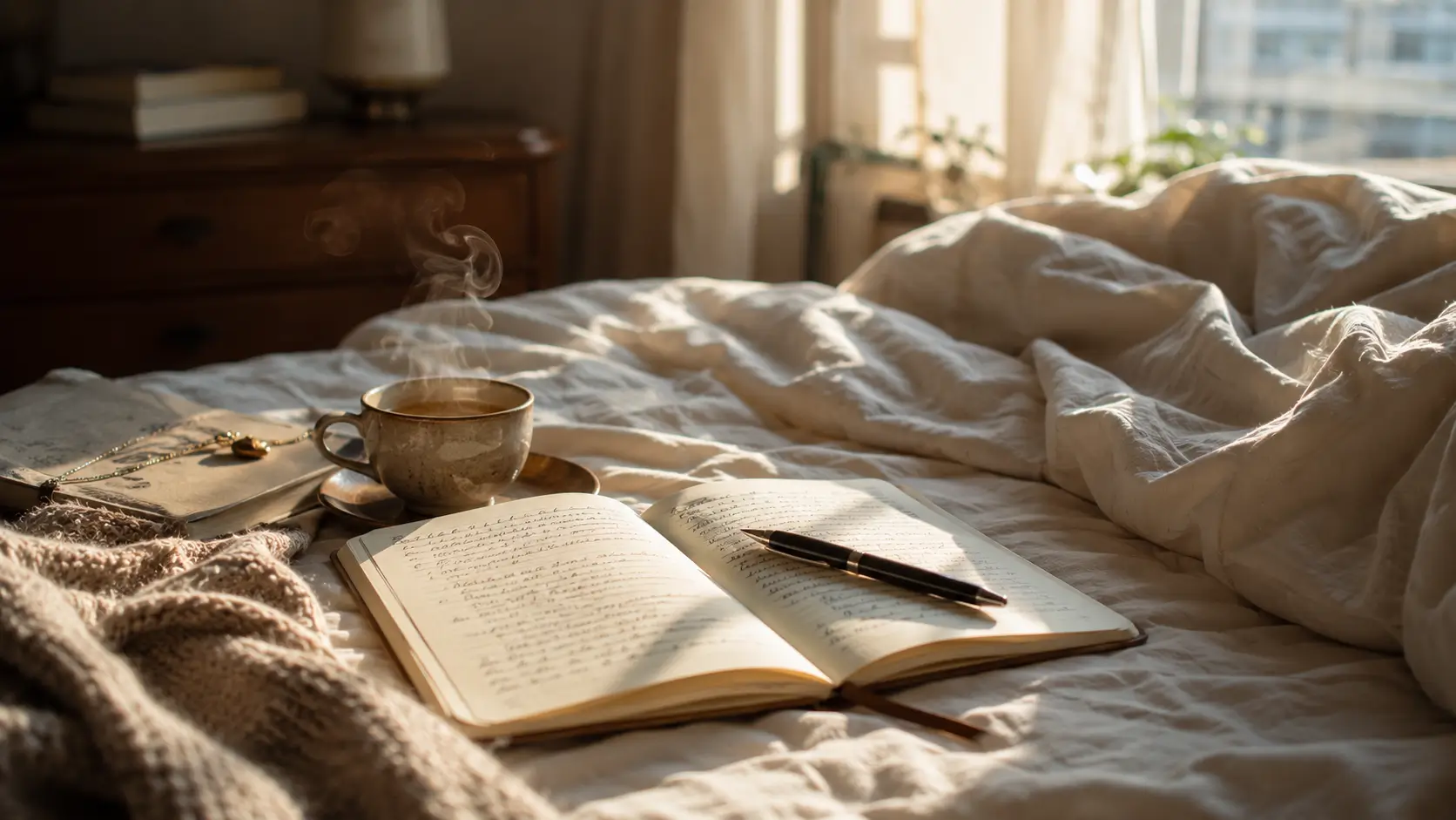 Venus birth chart love reading — open journal with handwriting on a bed in soft morning light, pen resting across the page