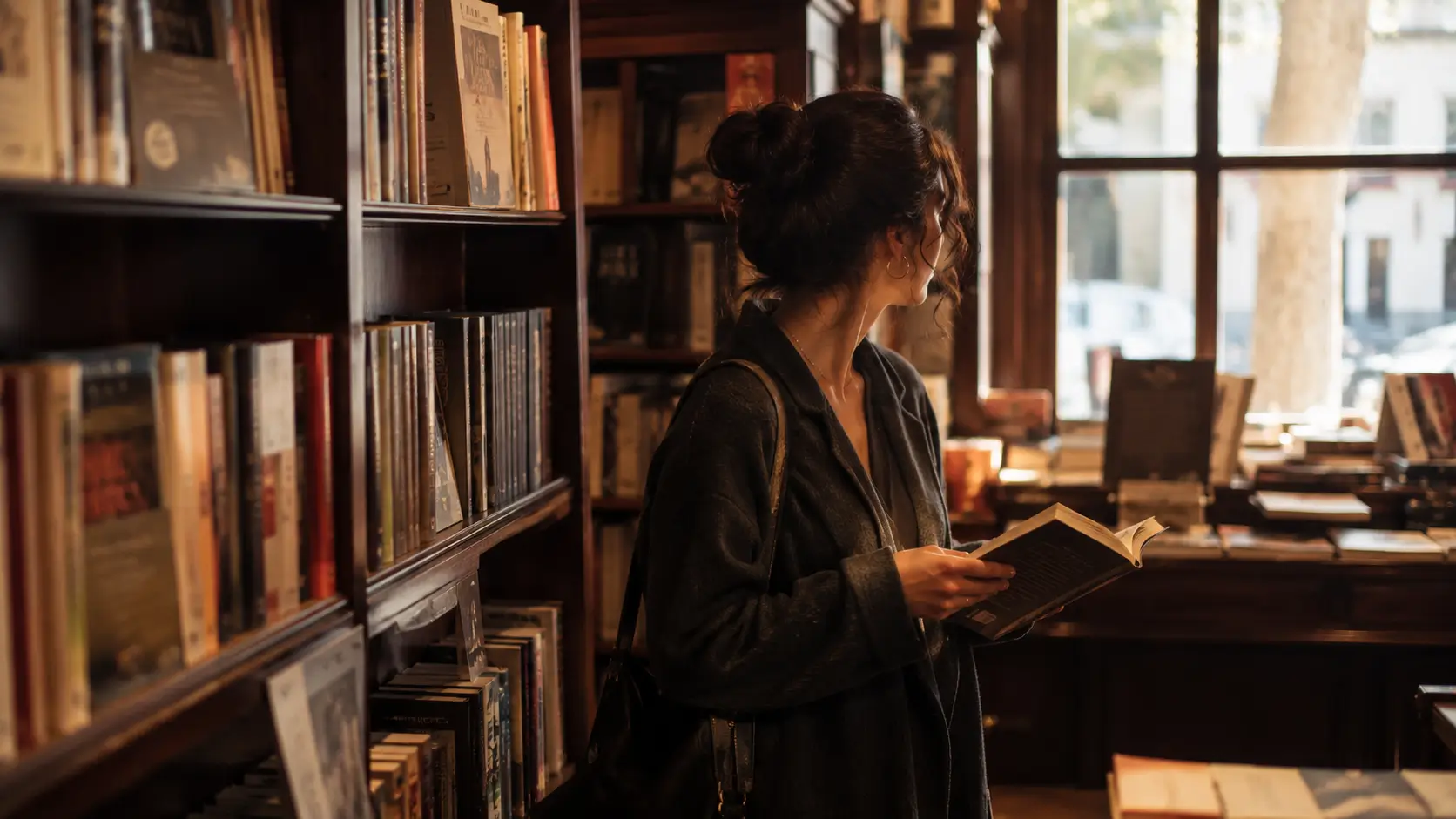 Venus placement love astrology — woman standing alone in a bookstore, book open in her hands, paused in quiet thought