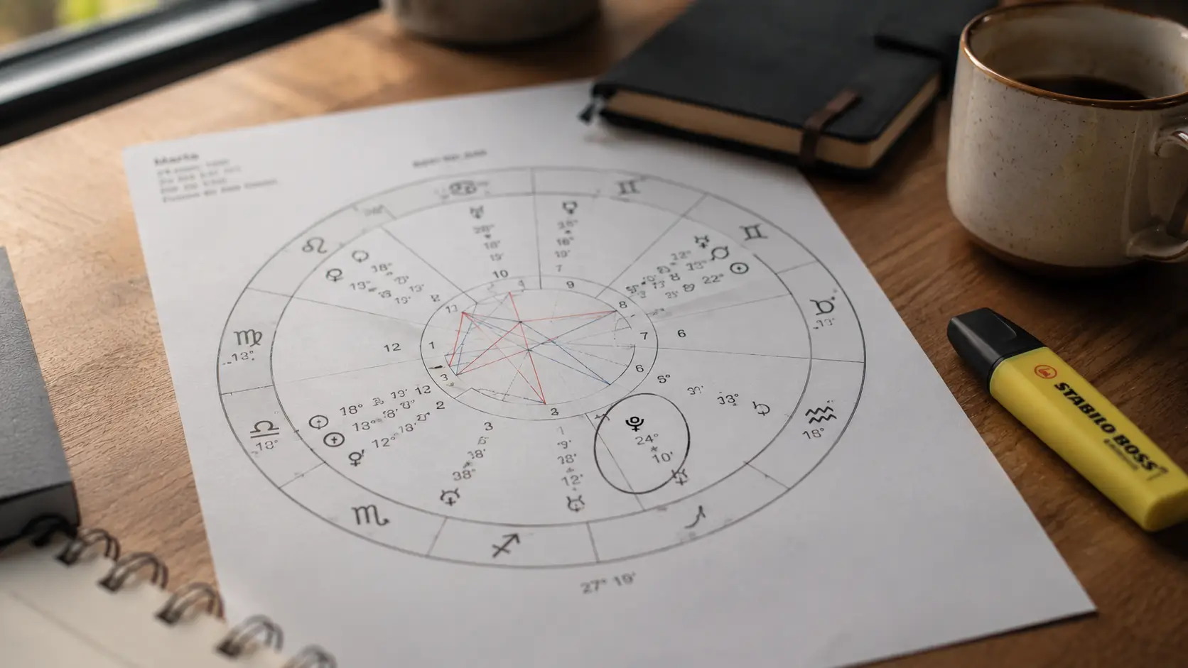 Venus sign love — printed circular birth chart on a wooden desk with a highlighter and one section circled in pen