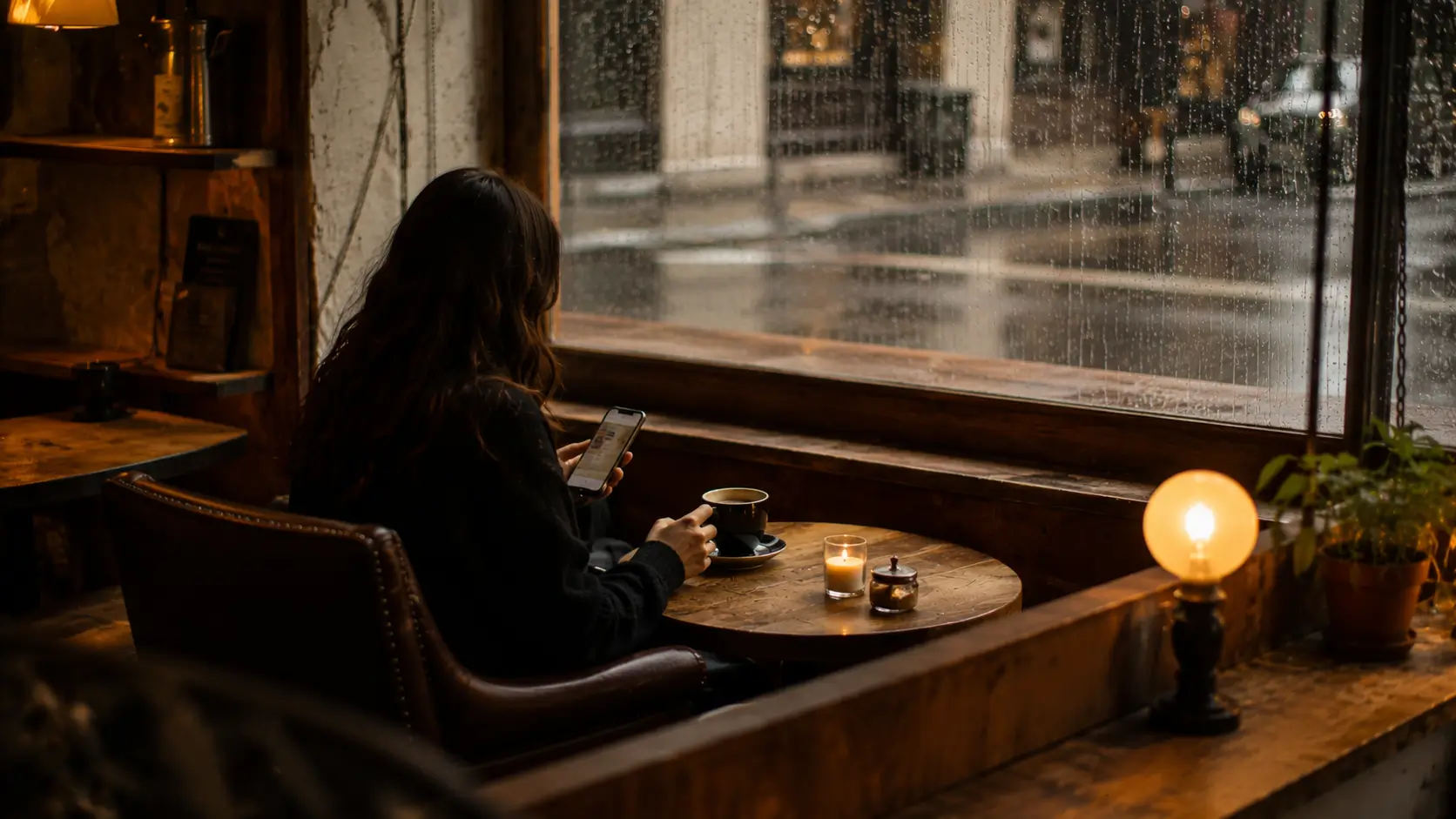 Virgo man attracted to Scorpio woman — woman sitting alone at a café window, self-contained and magnetic, rain outside