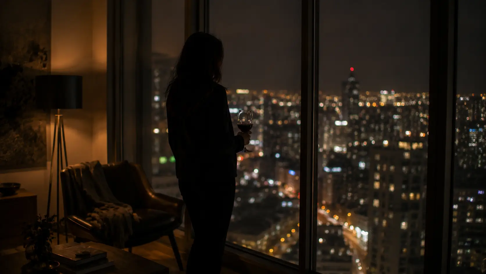 Virgo man scorpio woman relationship — woman standing at apartment window at night, wine in hand, silhouetted against city lights
