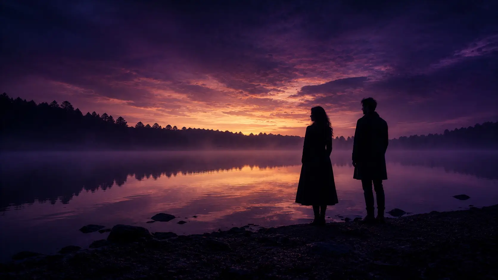 Virgo Pisces compatibility — two silhouettes standing at the edge of a still lake under a purple and gold sky