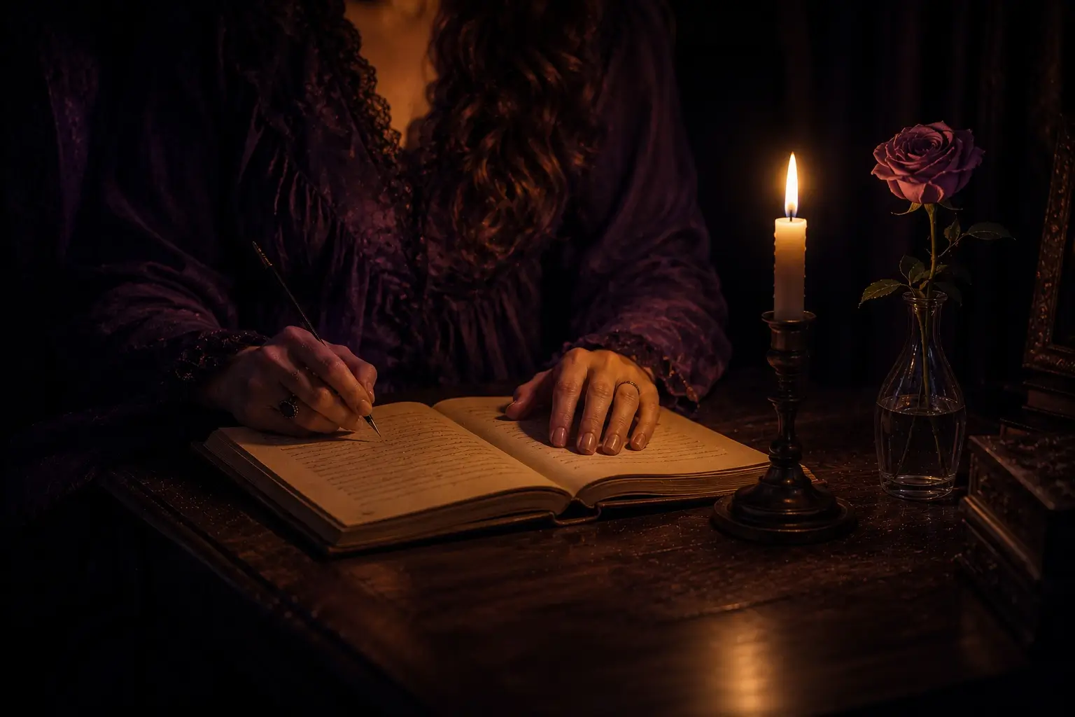 Virgo Pisces love match — woman writing alone by candlelight, intimate and introspective mood