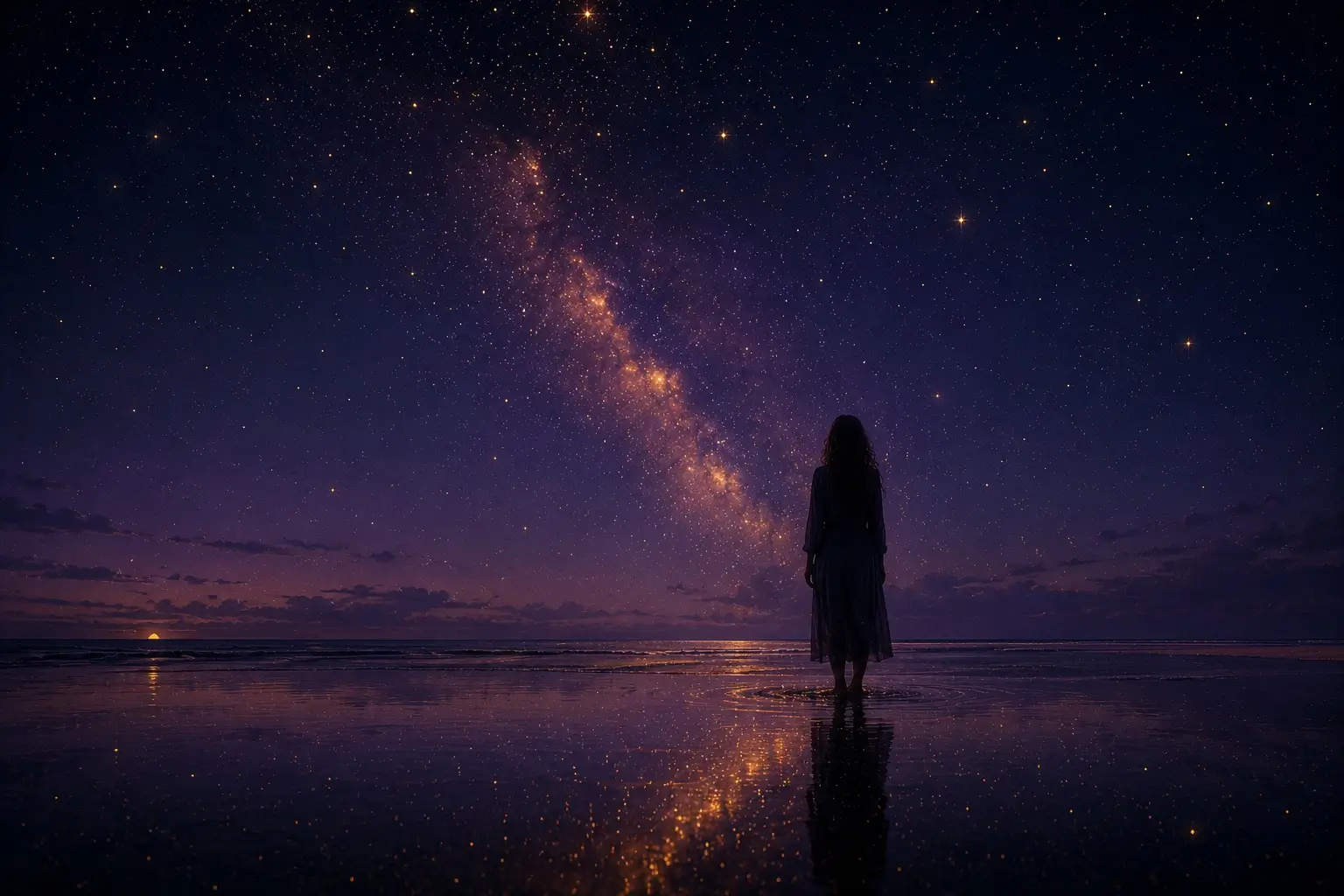 Virgo Pisces soulmate — woman standing in dark ocean at night, stars reflecting in the water around her