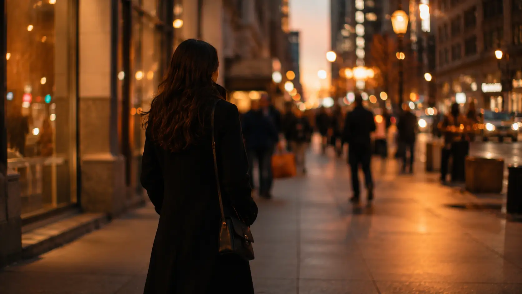 Virgo and scorpio attraction — woman walking confidently through a city street at dusk, unbothered by the crowd around her